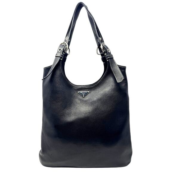 Prada Bag Shoulder Tote Leather Triangle Logo Black White Silver Hobo Purse - Picture 1 of 9